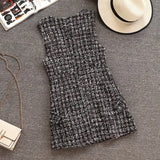Spring Autumn 2 Piece Set Dress Women Ruffles Bow Shirt Lace Top+Plaid Sleeveless Tweed Vest Dress Double Breasted