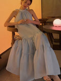 Elegant Women's Summer Fashion 2023 New Sleeveless Strapless Bowknot Blue Long Skirt Kawaii Vest Prom