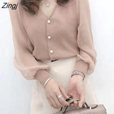 Women's Spring Autumn Style Chiffon Blouses Shirt Women's Knitted Button Long Sleeve Solid Color Lace Patchwork