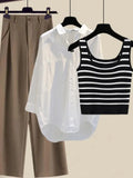Women Pants Sets Summer Casual Striped Knitted Vest+long Sleeve Sunscreen+wide Leg Long Pant 3 Pieces Set Women Outfits