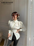 Open Back White Puff Sleeve Tunics Button Up Shirt Long Sleeve Bandage Ladies Top And Blouse Korean Shirt