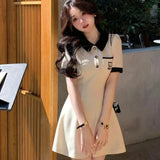 Preppy Style Dress Women Sweet Cute Slim A Line Mini Dress Student Y2K Korean High Waist Short Sleeve One Piece Dress