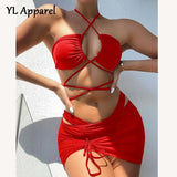 Sexy Woman Clothes Summer Halter Lace-up Three Pieces Sets Swimsuit Separate Swimwear Solid Low Waist Beachwear Bikini