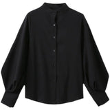 Lantern Sleeve Blouse Women Spring Fashion Single Breasted Stand Collar Shirts Female Office Work Blouse Solid White