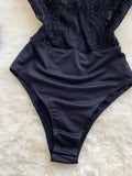 Women Lace Bodysuits Black Elegant V-Neck Short Sleeve High Waist Bodycon Romper Female Summer Patchwork Jumpsuits 2023