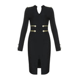 New Summer Women Bandage Dress Sexy V Neck Full Sleeves Knee Length Split Fork Dress Club Celebrity Bodycon Party