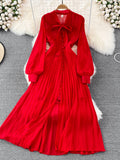 Vintage Women Long Dress Elegant Bow Collar Lantern Sleeve Single Breasted Pleated Maxi Vestidos Female Red/Purple