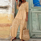 Fall Street Long Sleeve Loose Rompers Women Clothing Striped Patchwork Jumpsuits Fashion O Neck Pleated Wide Leg