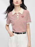 Striped Embroidery POLO Shirt 2025 Summer New Bing Color Reduction Women's Short-Sleeved