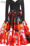 Women Christmas Dress Long Sleeve Vintage Elegant V Neck Print Big Swing Party Xmas New Year Winter Clothes S~3XL