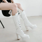 Spring Autumn Lacing Knee High Boots Women Fashion White Square Heel Long Boots Woman Leather Shoes Winter Large Size