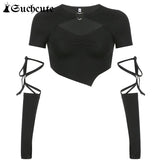 SUCHCUTE Aesthetic Women Cropped Tops Gothic Long Sleeve With Gloves Harajuku Vintage T-Shirts Casual Korean Style Slim
