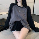 Streetwear Sweatshirt Women Striped Patchwork Oversized Pullover Korean Harajuku Letter Print Loose Casual Hoodies