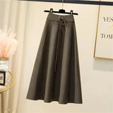 Knitted Midi Skirts Women High Waist Pleated A Line Skirt Korean Elegant Autumn Winter Lace Up Bandage Slim Casual