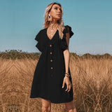 V-neck Button A-line Dress Solid High Street Ruffled Sleeveless Mini Dresses Casual High Waist Holiday Beach Dresses