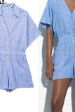 2023 Woman Short Playsuit Blue Striped Summer Woman Jumpsuit Short Sleeve Women Jumpsuits Casual Loose Women's