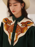Deer Embroidered Long Sleeve Shirt Vintage Button Up Collar Dark Green Shirt For Women Designers Tops And Blouses