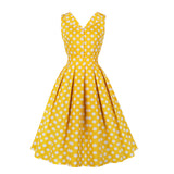 Retro Vintage Swing Shirt Dress Yellow Cotton Polka Dot Pleated 50S 60S Sundress A Line Elegant Pin Up Rockabilly