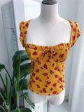 Sweetheart Tie Neck Top With Hollow Out Back In Yellow Floral