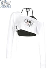 Korean Style Off Shoulder Women Casual Fashion Vintage Sexy Print T-shirt Streetwear Halter Tank Top 2 Piece 2023 New