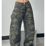 Camouflage Cargo Pants Women Y2K Streetwear Low Rise Jeans Retro Wide Leg Trousers Denim Straight Trousers