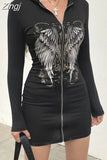 Gothic Grunge Fairycore Wings Printed Graphic Zipper Hooded Bodycon Dress Women Dark Academia Autumn Mini Dresses