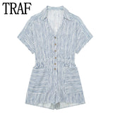 2023 Woman Short Playsuit Blue Striped Baggy Summer Jumpsuit For Women Fashion Pockets Short Sleeve Women's Loose