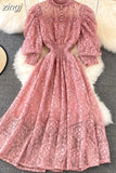 Women Lace Dress Spring Summer Elegant Stand Collar Puff Sleeve High Waist Party Vestidos Female Runway Robe 2023