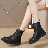 Punk Ankle Thick-soled Motorcycle Ankle Boots Women's Lace-up Spring Thick Heel Belt Buckle Pocket Designer Chunky
