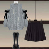 Winter Two Piece Sets Womens Outfit For Women Off The Shoulder Bow Diamond Knitted Sweater And Pleated Skirts Sets 4XL