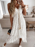 Lace Long Dress Women Off Shoulder Sleeveless Sundress Ladies Spaghetti Strap Beach Dress Solid Deep V Neck Robe