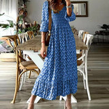 Summer Casual Pullover Beach Dress Fashion Printed Boho Style V Neck Party Dress Elegant Long Sleeve Buttoned Shirt