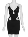 Hollow Out Drawstring Mini Dress For Women Black Sleeveless Backless Party Club Dresses Female Fashion Elegant