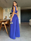 Piece Set With Pants Summer Elegant Solid Women Deep V Square Collar Sexy Short Top Wide Leg Pants Suit Office Lady