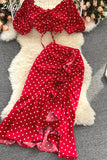 Women Red/Purple/Black Polka Dot Two Piece Set Summer Sexy Ruffle Short Drawstring Tops + High Waist Irregular Skirt 2pcs