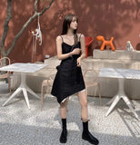 Black Layer Slip Dresses For Women 2021 Summer Backless V Neck Spaghetti Strap Asymmetrical Dress Fashion