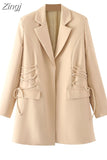 Quality Women Blazer Jacket Autumn Drawstring Casual Elegant Blazers Jacket Long Sleeve Outerwear Chic Coat Tops