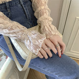 Style Sexy Hollow Out White Lace Blouse Women High Neck Embroidery Elegant Blouse Sheer Undershirt Pullover