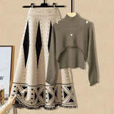 Warm Knitwears Two Piece Set For Women Outfit Korean Off The Shoulder Knitted Sweater+high Waist Patchwork Skirt Set
