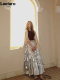 Spring Autumn Fairy Sliver Ruffled Pu Leather Midi Tiered Skirt Women High Waist Long Luxury Designer Clothes