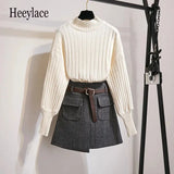 Puff Sleeve Women Fashion Autumn Winter Slim Sweet Sweaters Tops+Woollen Cloth Plaid High Waist Pockets Mini Skirts