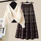 Warm Knitwears 3 Pieces Set For Womens Outfit Korean High Quality Pullover Knitted Sweater+print Pleated Skirts Sets