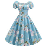 2022 Summer Dress Women Puff Sleeve Swing Vintage Dresses Robe Femme Elegant Floral Print Pin Up Party Dresses