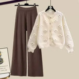 Winter Knit Sets Womens Outfits Korean Sweet Floral Knitted Cardigan And Wide Leg Pants Sets Ladies Elegant Knitting