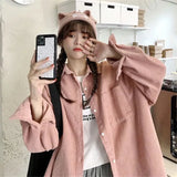 Loose Bf Women'S Fresh Simple Corduroy Shirt Smiley Embroidery Casual Solid Color Loose Blouses Tops Lady Clothes