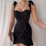 Summer Lace Up Bodycon Backless Ruffles Mini Party Dresses Women's 2022 Sexy Girl Sleeveless Black Red Evening