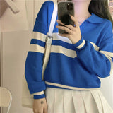 Style Striped Women's Sweater Korean Fashion Polo Collar Loose Long Sleeve Top Y2k Clothes Sweater Women Autumn