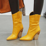 Women Boots Pu Leather Wedge High Heel Ankle Boots Pointed Toe Winter Cowboy Boots Fashion Western Boots Black White