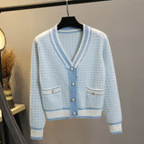 short cardigan women's sweater coat autumn and winter new style outer V-neck loose plaid top all-match