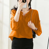 Autumn Women's Ruffles Lace Up Loose Casual Pullover Chiffon Shirt Oversized Lantern Long Sleeve Blusa All-match